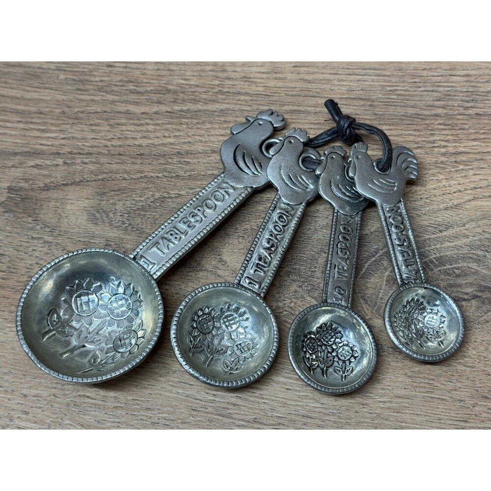 Vintage Ganz Pewter Chicken Rooster Measuring Spoon Set of 4 Spoons